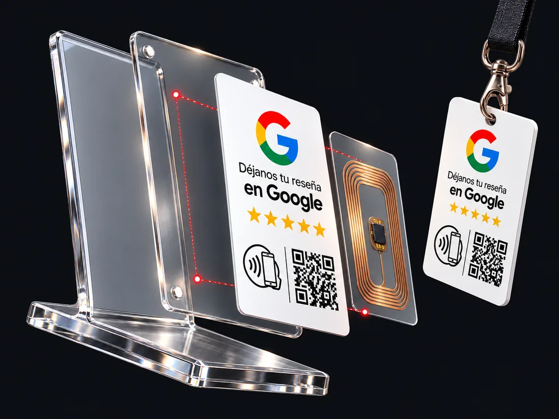 Placa NFC desarmada: soporte acrílico, lámina impresa con QR, antena NFC con chip y fotocheck