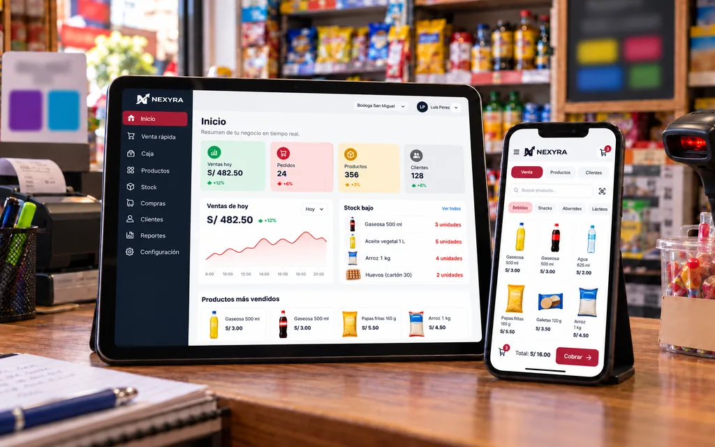 Sistema para tiendas en una tablet y un celular sobre el mostrador de una bodega
